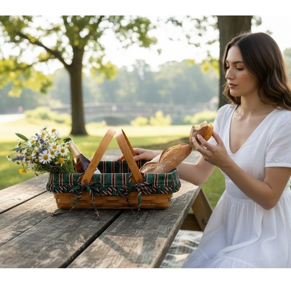 Longaberger Handwoven Maple Wood‎ Picnic Gathering Basket +Fabric Liner
